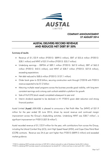 Thumbnail Austal Limited Financial Report fy2014