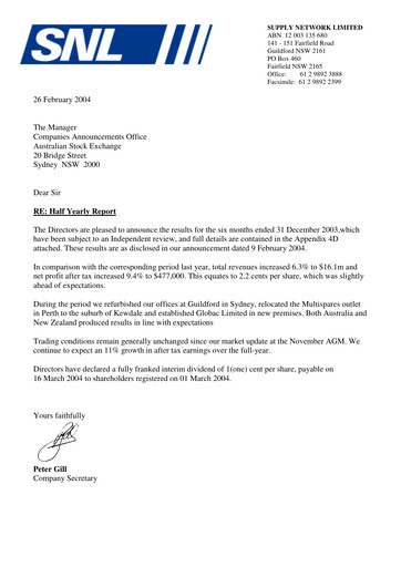 Miniature Supply Network Limited Rapport semestriel 2003-h2