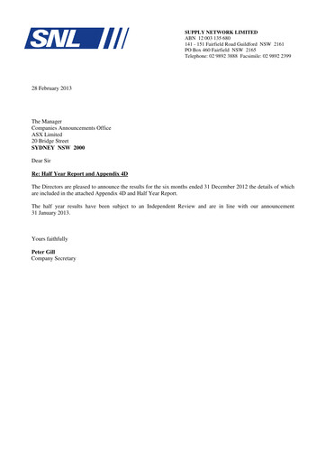 Miniature Supply Network Limited Rapport semestriel 2012-h2