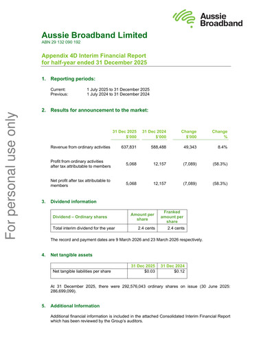 Thumbnail Aussie Broadband Limited Financial Report 2026-h1