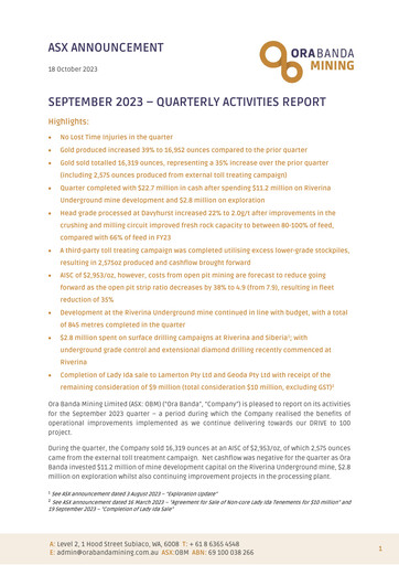 Thumbnail Ora Banda Mining Quarterly Report 2023-2024-q1