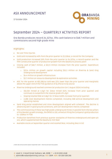 Thumbnail Ora Banda Mining Quarterly Report 2024-2025-q1