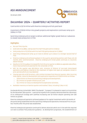 Vorschaubild Ora Banda Mining Quartalsbericht 2024-2025-q2