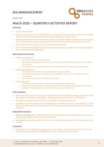 Thumbnail Ora Banda Mining Quarterly Report 2024-2025-q3