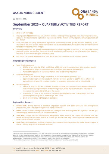 Thumbnail Ora Banda Mining Quarterly Report 2025-2026-q1