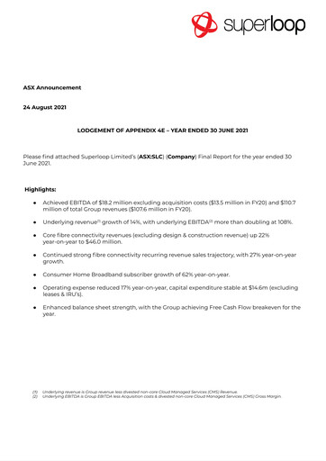 Thumbnail Superloop Limited Financial Report 2021