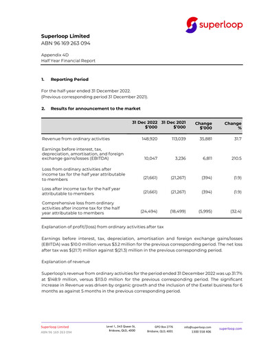 Thumbnail Superloop Limited Financial Report 2023-h1