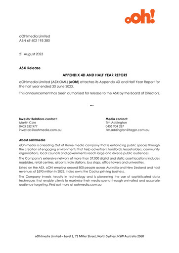 Miniature oOh!media Limited Rapport semestriel 2023-h1