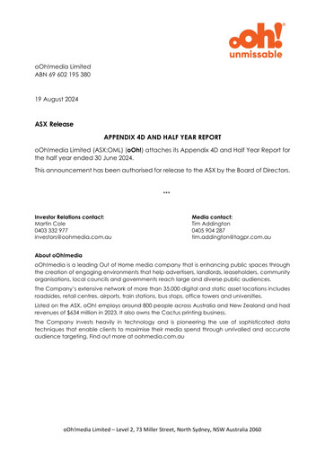 Miniature oOh!media Limited Rapport semestriel 2024-h1