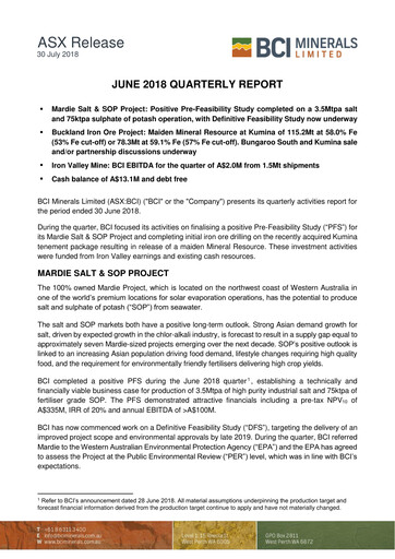 Thumbnail BCI Minerals Limited Quarterly Report 2018-q2