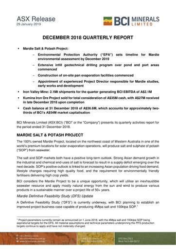 Thumbnail BCI Minerals Limited Quarterly Report 2018-q4