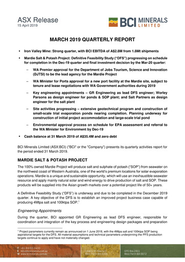 Thumbnail BCI Minerals Limited Quarterly Report 2019-q1