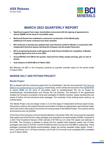 Thumbnail BCI Minerals Limited Quarterly Report 2023-q3