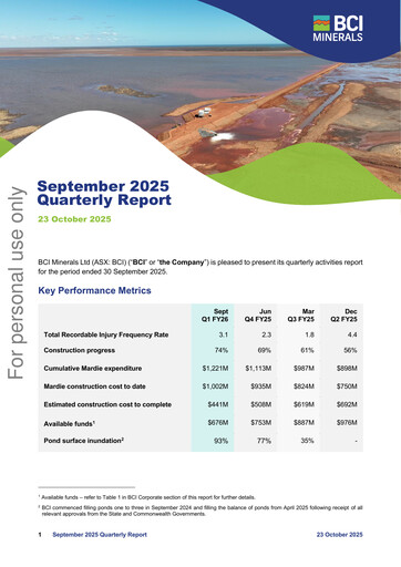 Miniature BCI Minerals Limited Rapport trimestriel 2025-q3