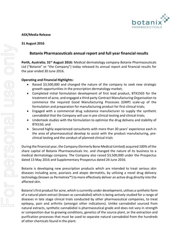 Thumbnail Botanix Pharmaceuticals Annual Report 2016