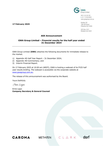 Thumbnail GWA Group Limited Half-year Report 2025-h1