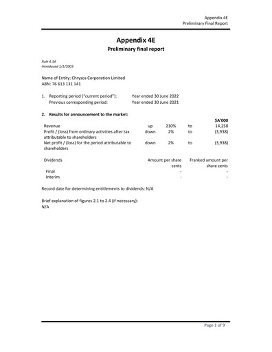 Vorschaubild Chrysos Corporation Limited Finanzbericht 2022