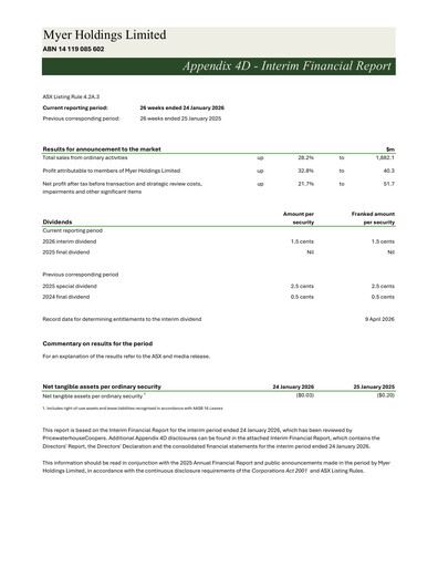 Thumbnail Myer Holdings Half-year Report 2026-h1