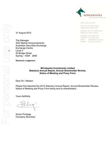 Thumbnail Mirrabooka Investments Limited Annual Report 2012