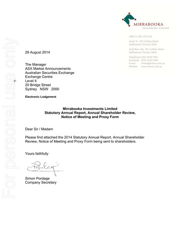 Thumbnail Mirrabooka Investments Limited Annual Report 2014