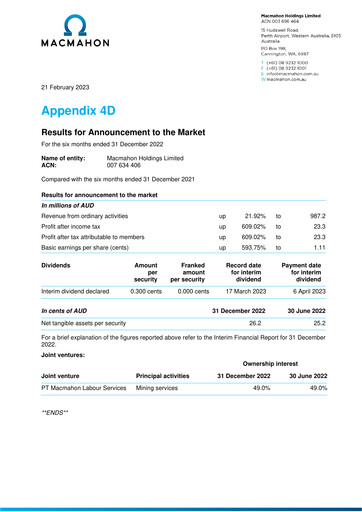 Thumbnail Macmahon Holdings Half-year Report 2023-h1