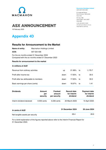 Thumbnail Macmahon Holdings Half-year Report 2025-h1