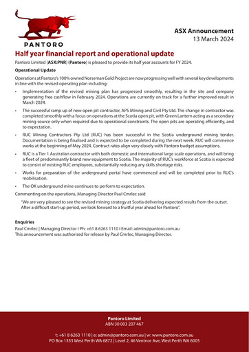 Thumbnail Pantoro Limited Financial Report 2024-h1