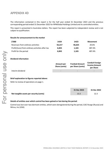 Thumbnail RPMGlobal Holdings Limited Financial Report 2024-h1
