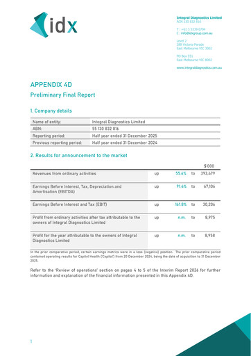 Thumbnail Integral Diagnostics Limited Half-year Report 2026-h1