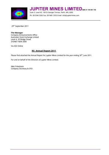 Thumbnail Jupiter Mines Limited Annual Report 2011