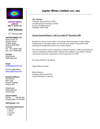 Thumbnail Jupiter Mines Limited Half-year Report 2008-h1