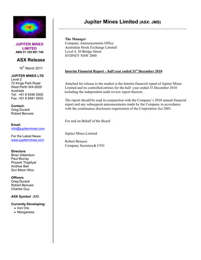 Thumbnail Jupiter Mines Limited Half-year Report 2011-h1