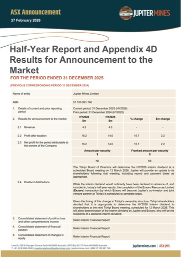 Thumbnail Jupiter Mines Limited Half-year Report 2026-h1