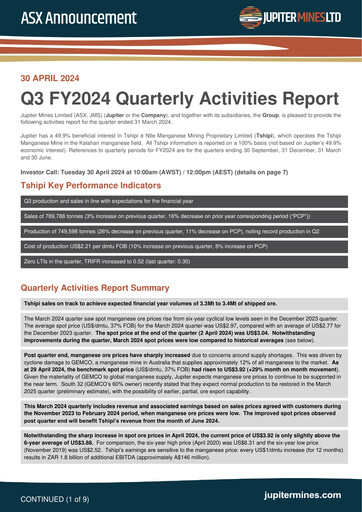 Thumbnail Jupiter Mines Limited Quarterly Report 2024-q3
