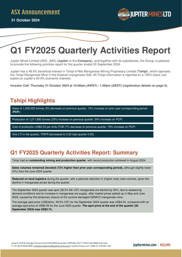Thumbnail Jupiter Mines Limited Quarterly Report 2025-q1