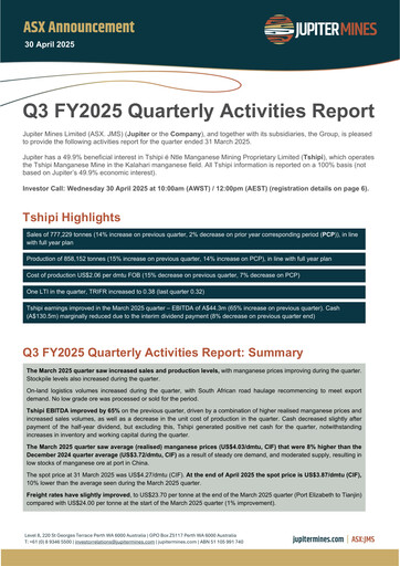 Thumbnail Jupiter Mines Limited Quarterly Report 2025-q3
