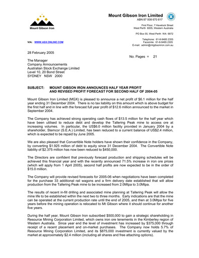 Thumbnail Mount Gibson Iron Half-year Report 2004-h1