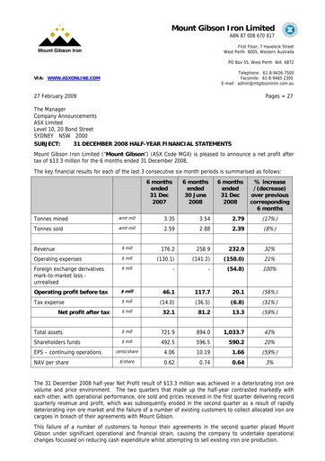 Thumbnail Mount Gibson Iron Half-year Report 2008-h1