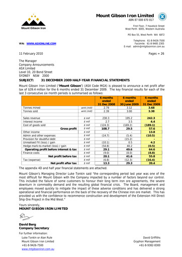Thumbnail Mount Gibson Iron Half-year Report 2009-h1