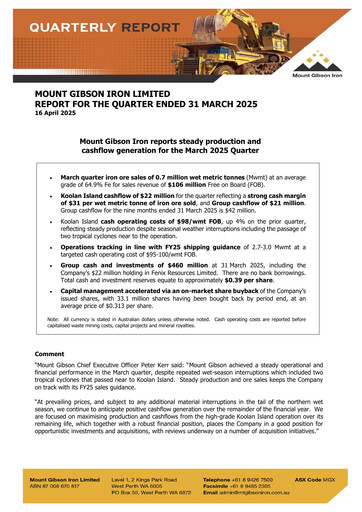 Miniature Mount Gibson Iron Rapport trimestriel 2025-q3
