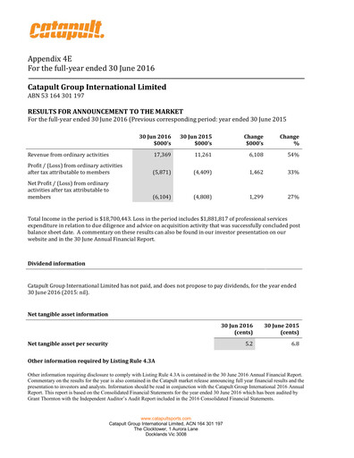 Thumbnail Catapult Group International Financial Report 2016
