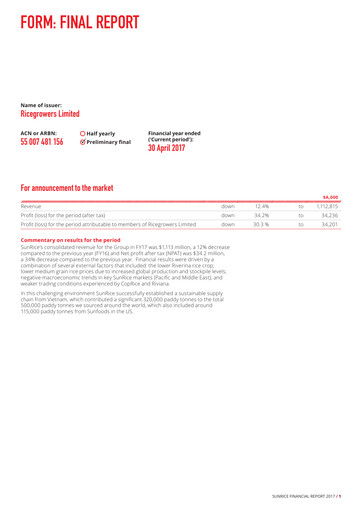 Miniature Ricegrowers Limited Rapport financier 2017