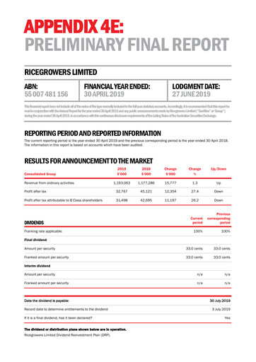 Miniature Ricegrowers Limited Rapport financier 2019