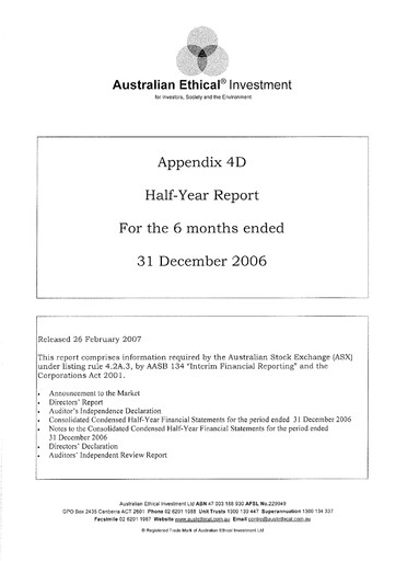 Vorschaubild Australian Ethical Investment Limited Finanzbericht 2007-h1