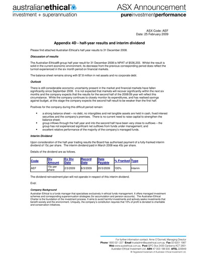 Vorschaubild Australian Ethical Investment Limited Finanzbericht 2009-h1