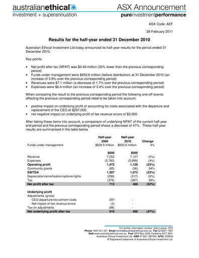 Vorschaubild Australian Ethical Investment Limited Finanzbericht 2011-h1
