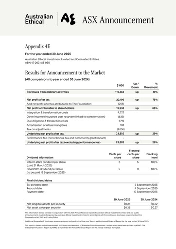 Thumbnail Australian Ethical Investment Limited Financial Report 2025