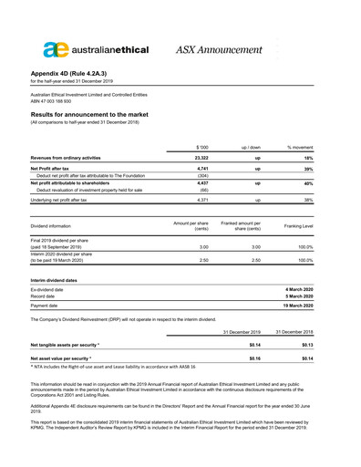 Thumbnail Australian Ethical Investment Limited Half-year Report 2020-h1
