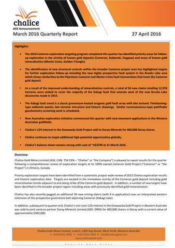 Miniature Chalice Mining Rapport trimestriel 2016-q1