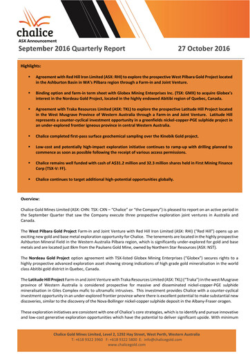 Miniature Chalice Mining Rapport trimestriel 2016-q3